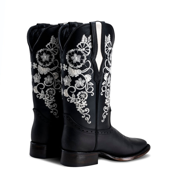 WOMEN’S 1501 BLACK PREMIUM COWBOY BOOTS – SQUARE TOE WESTERN BOOT WITH WHITE EMBROIDERED FLOWERS