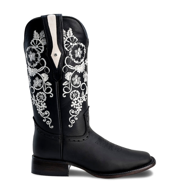 WOMEN’S 1501 BLACK PREMIUM COWBOY BOOTS – SQUARE TOE WESTERN BOOT WITH WHITE EMBROIDERED FLOWERS - 0