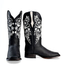WOMEN’S 1501 BLACK PREMIUM COWBOY BOOTS – SQUARE TOE WESTERN BOOT WITH WHITE EMBROIDERED FLOWERS-3