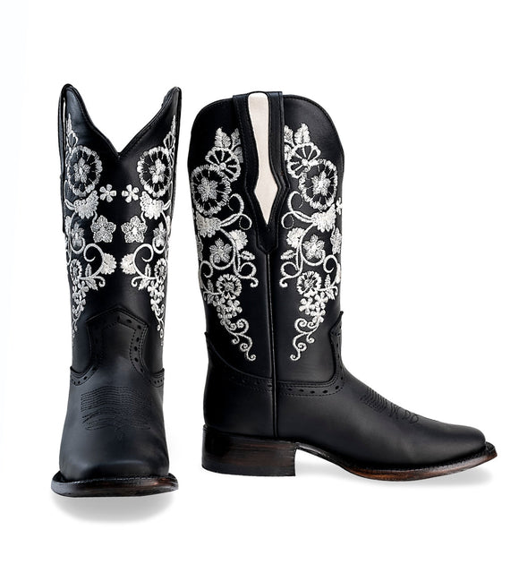 WOMEN’S 1501 BLACK PREMIUM COWBOY BOOTS – SQUARE TOE WESTERN BOOT WITH WHITE EMBROIDERED FLOWERS