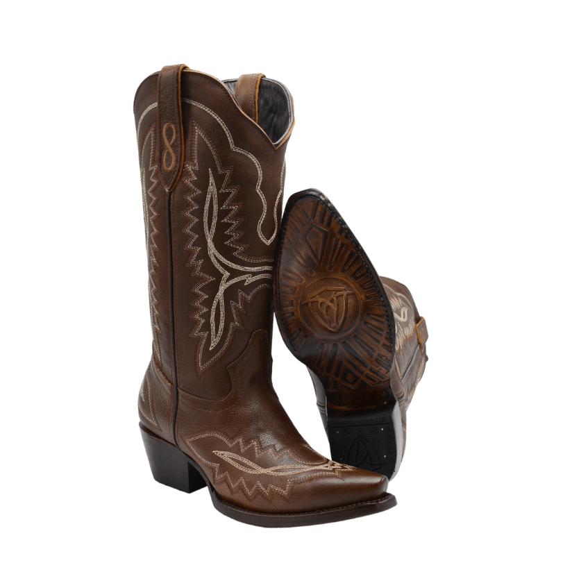 AMELIA TOBACCO, Cowboy Boots Women's Snip Toe Leather Sole Low Heel Comfortable Western Cowgirl Boots