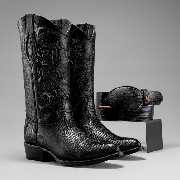 MEN'S WESTERN BOOTS 913 BLACK LIZARD J TOE COWBOY & RODEO BOOTS WITH BELT BUNDLE