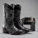 MEN'S BLACK BD701 OSTRICH WESTERN BOOT SQUARE TOE COWBOY BOOTS WITH BELT BUNDLE-1