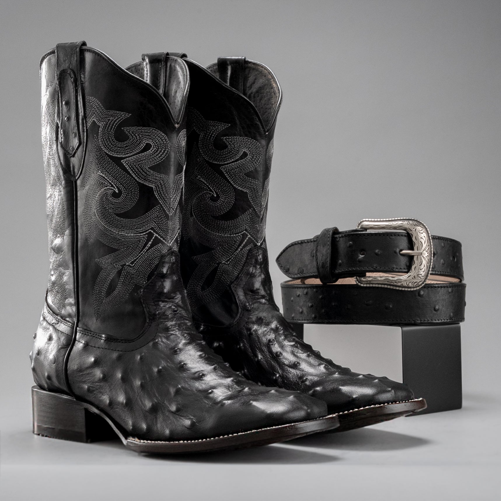 MEN'S BLACK BD701 OSTRICH WESTERN BOOT SQUARE TOE COWBOY BOOTS WITH BELT BUNDLE