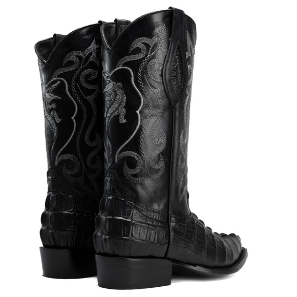 904 BLACK MEN'S WESTERN BOOTS PRINT LEATHER J TOE CAYMAN COWBOY BOOTS
