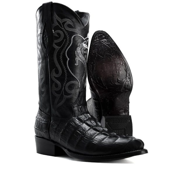 904 BLACK MEN'S WESTERN BOOTS PRINT LEATHER J TOE CAYMAN COWBOY BOOTS - 0